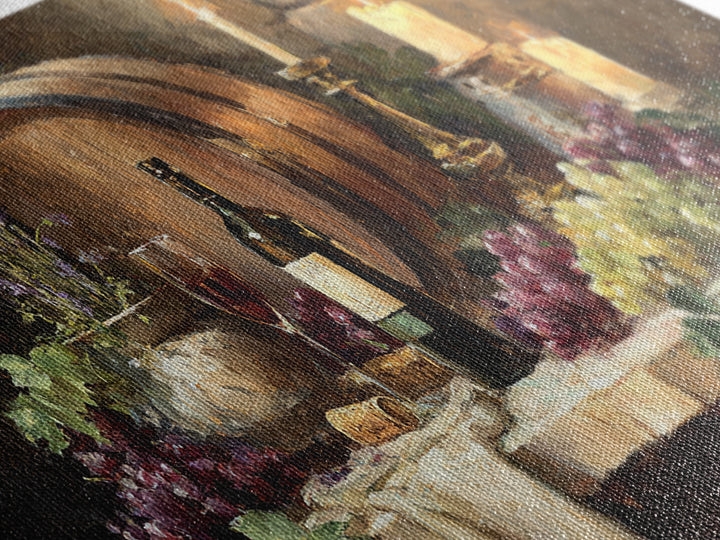 Wine Barrel with Lavender and Sunlight Canvas Print, Winery Art, Oil Painting, Winery Decor, Watercolor Art, Vineyard, WIN-2x1-74