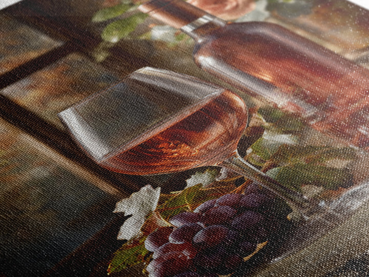 Ros Glass Beside Summer Flowers Canvas Print, Winery Art, Winery Decor, Oil Painting, Vineyard, Retro Wall Art, WIN-2x3-70