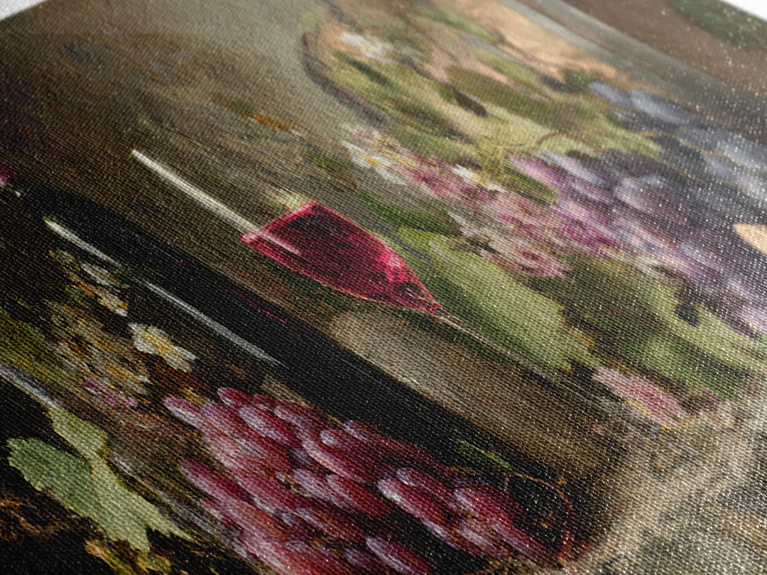 Ros Glass Beside Summer Flowers Canvas Print, Winery Art, Winery Decor, Oil Painting, Vineyard, Retro Wall Art, WIN-3x1-78