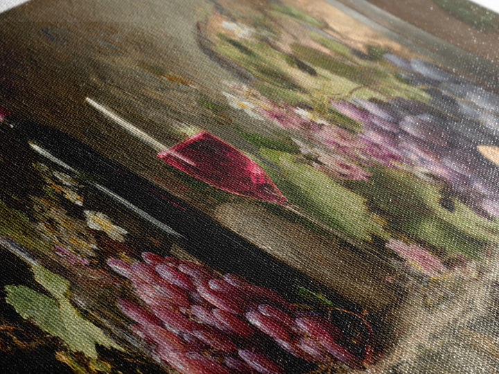 Ros Glass Beside Summer Flowers Canvas Print, Winery Art, Winery Decor, Oil Painting, Vineyard, Retro Wall Art, WIN-3x1-78