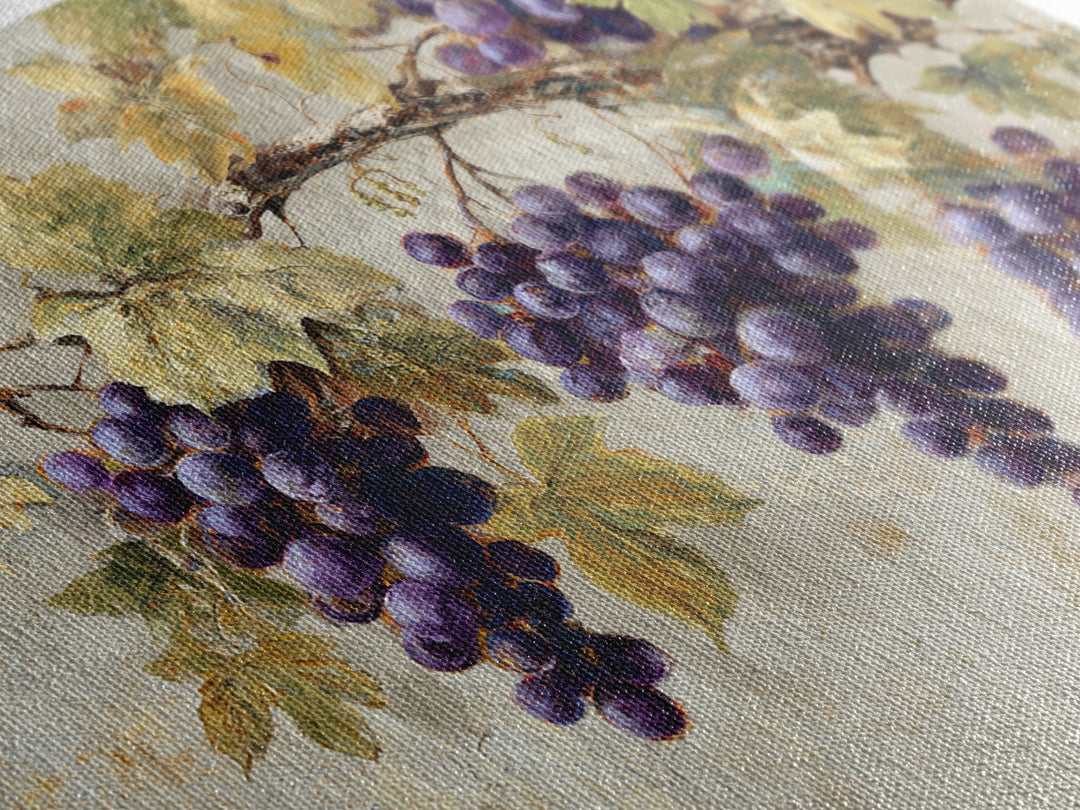 Grapevine Branch with Purple Grapes and Leaves Framed Canvas Print, Winery Art, Bar Art, Winery Decor, Oil Painting, Vineyard, WIN-3x2-5