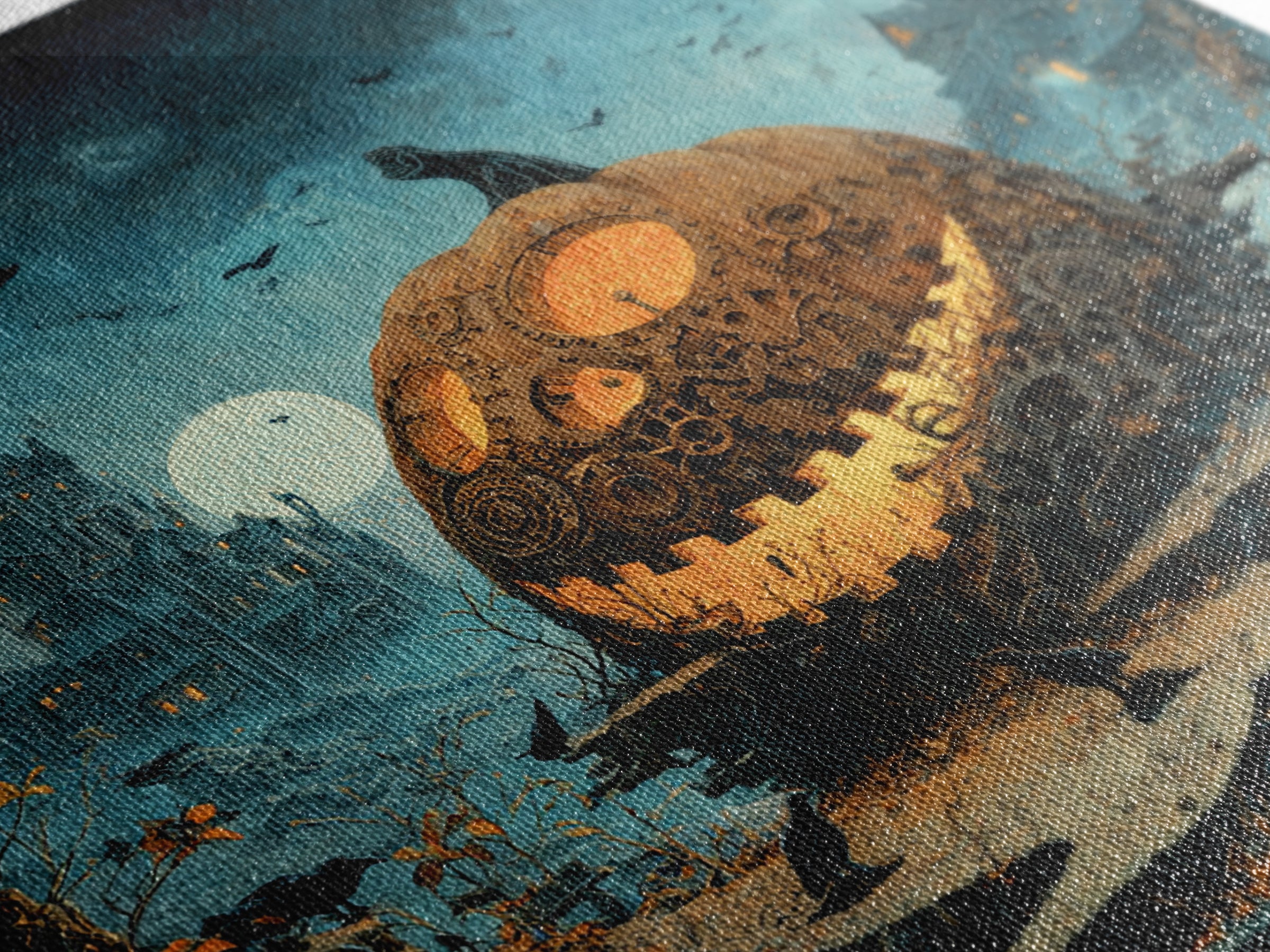 The Clockwork Jack-O-Lantern - Environmental Panorama, Macabre Halloween Art, Square Wall Art, Framed Canvas Print, Halloween Home Decor