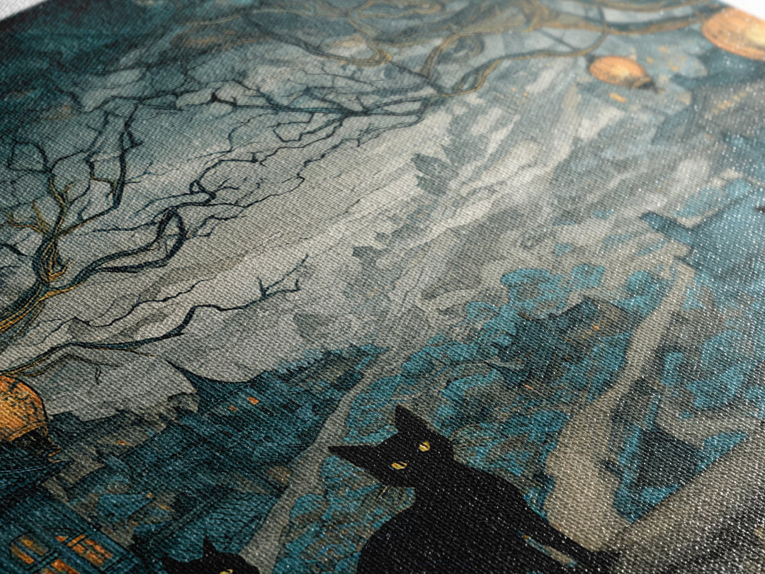 The Moonlit Cat Masquerade - Environmental Panorama, Spooky Wall Decor, Square Wall Art, Framed Canvas Print, Halloween Home Decor