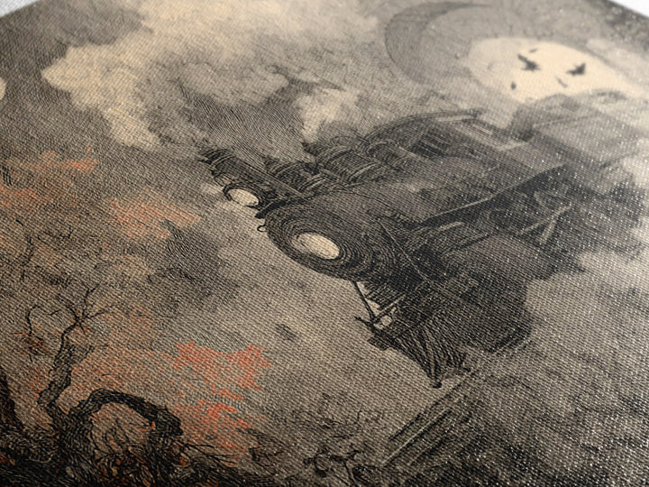 The Phantom Train Of October - Surreal Celestial Vision, Occult Wall Decor, Landscape Wall Art, Canvas Print, Halloween Home Decor