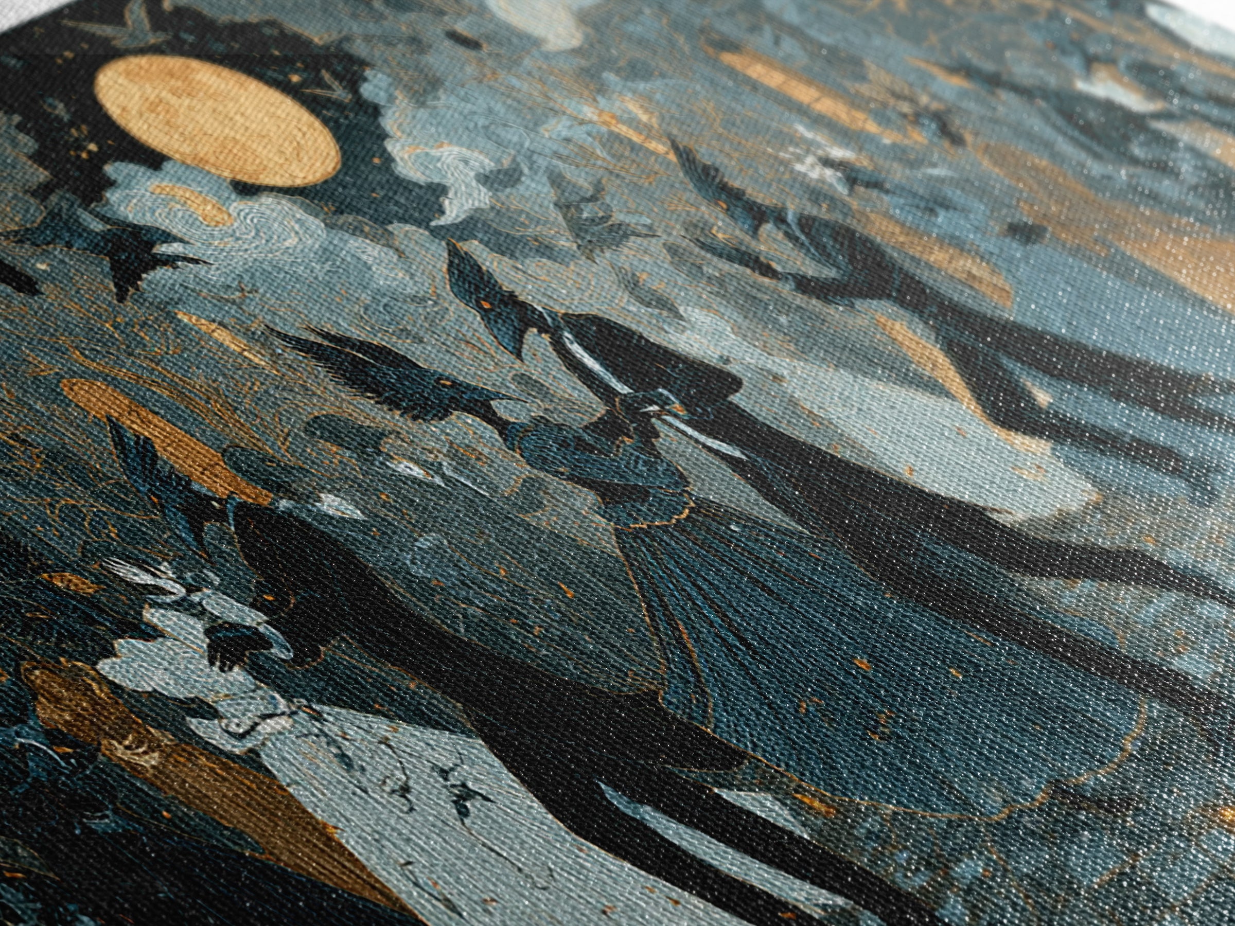 The Raven-Masked Ballroom - Surreal Celestial Vision, Occult Wall Decor, Wide Panoramic Art, Canvas Print, Halloween Home Decor