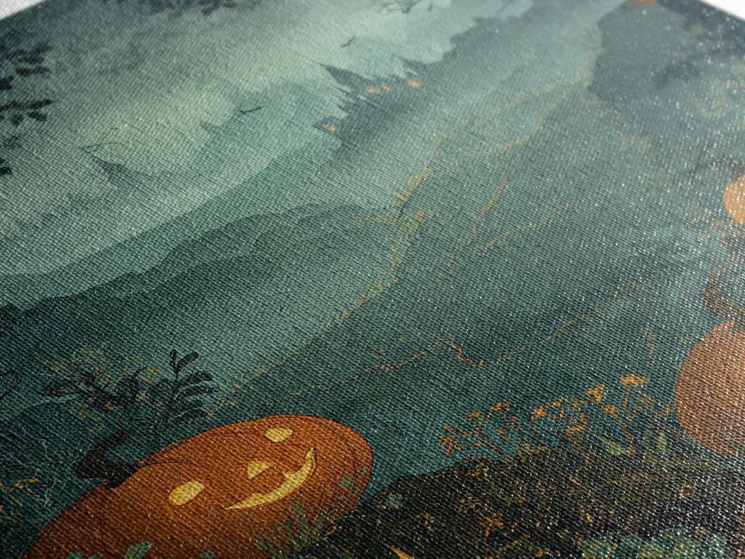 The Jack-O-Lantern Crown Jewels - Environmental Panorama, Spooky Wall Decor, Vertical Wall Art, Framed Canvas Print, Halloween Home Decor