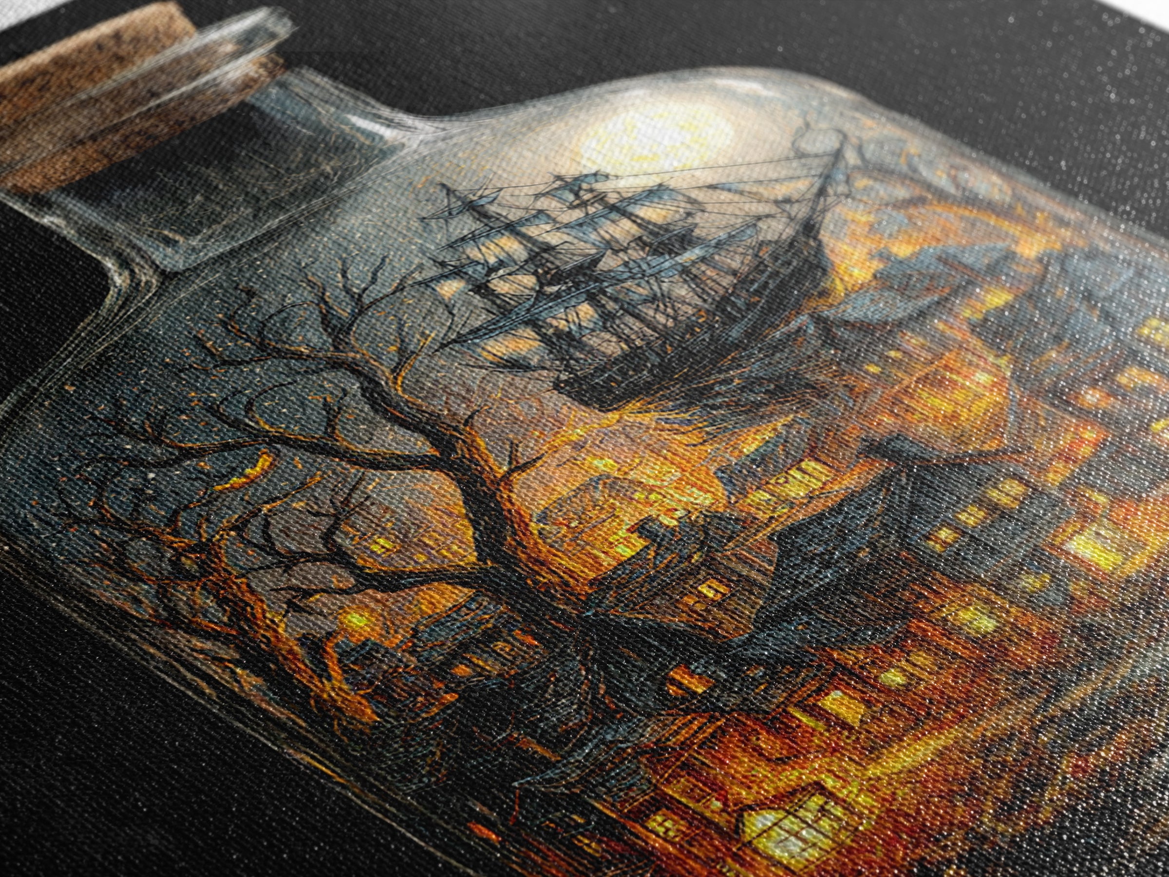 The Ghost Ship In A Bottle - Environmental Panorama, Macabre Halloween Art, Vertical Wall Art, Framed Canvas Print, Halloween Home Decor