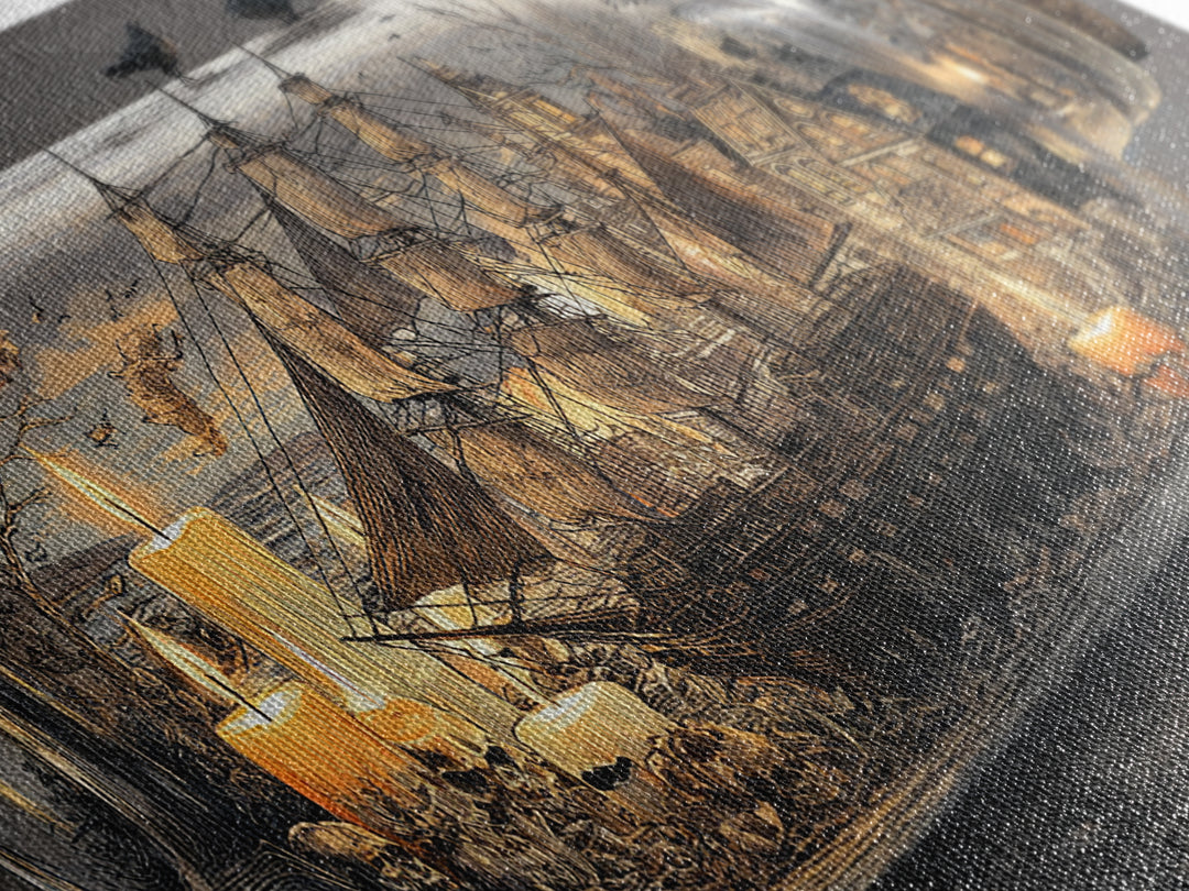 The Ghost Ship In A Bottle - Occult Still Life, Spooky Wall Decor, Wide Panoramic Art, Framed Canvas Print, Halloween Home Decor