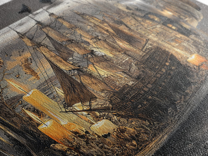 The Ghost Ship In A Bottle - Occult Still Life, Spooky Wall Decor, Wide Panoramic Art, Framed Canvas Print, Halloween Home Decor