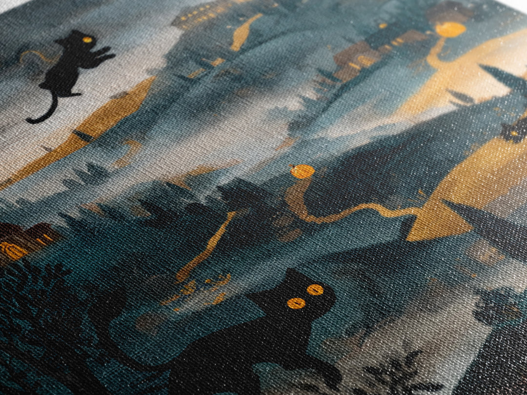 The Black Cat Constellation - Environmental Panorama, Halloween Wall Art, Square Wall Art, Framed Canvas Print, Halloween Home Decor