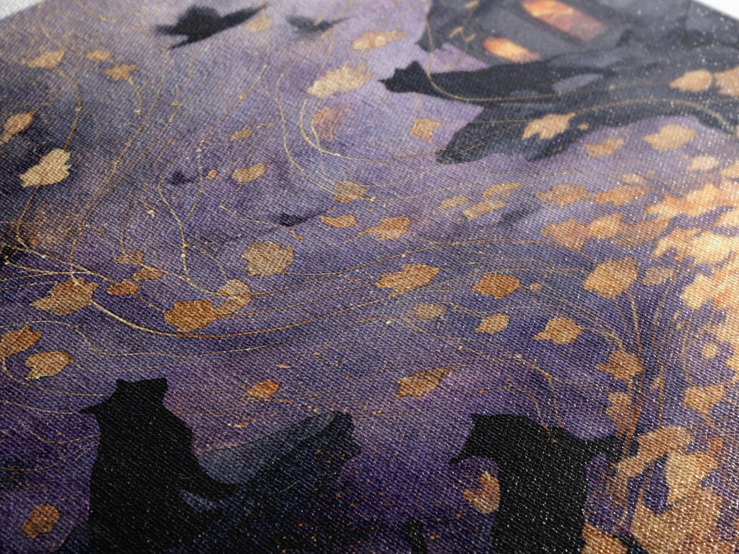 The Black Cat Constellation - Procession Scene, Halloween Wall Art, Vertical Wall Art, Framed Canvas Print, Halloween Home Decor