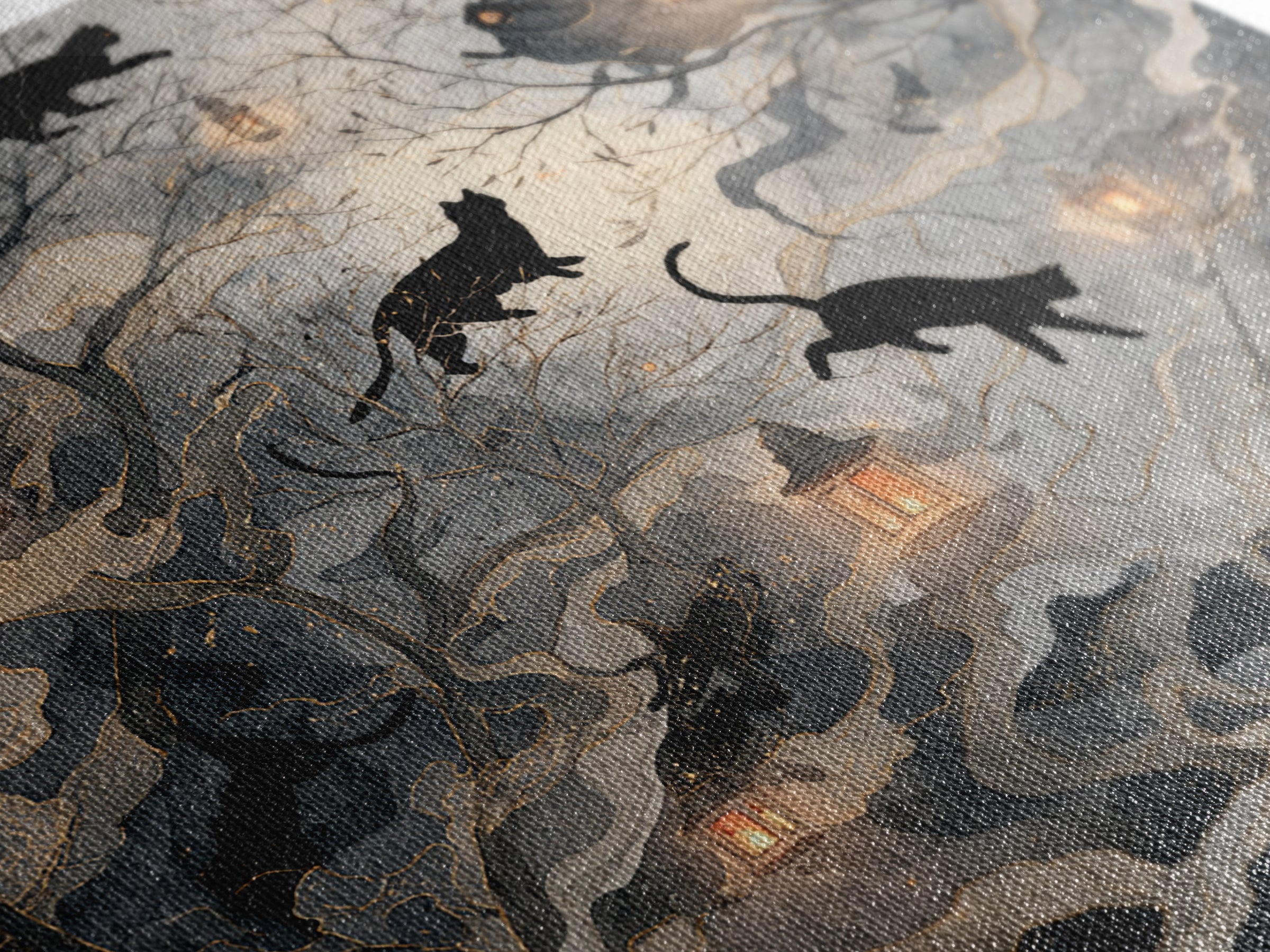 The Black Cat Constellation - Procession Scene, Macabre Halloween Art, Square Wall Art, Framed Canvas Print, Halloween Home Decor