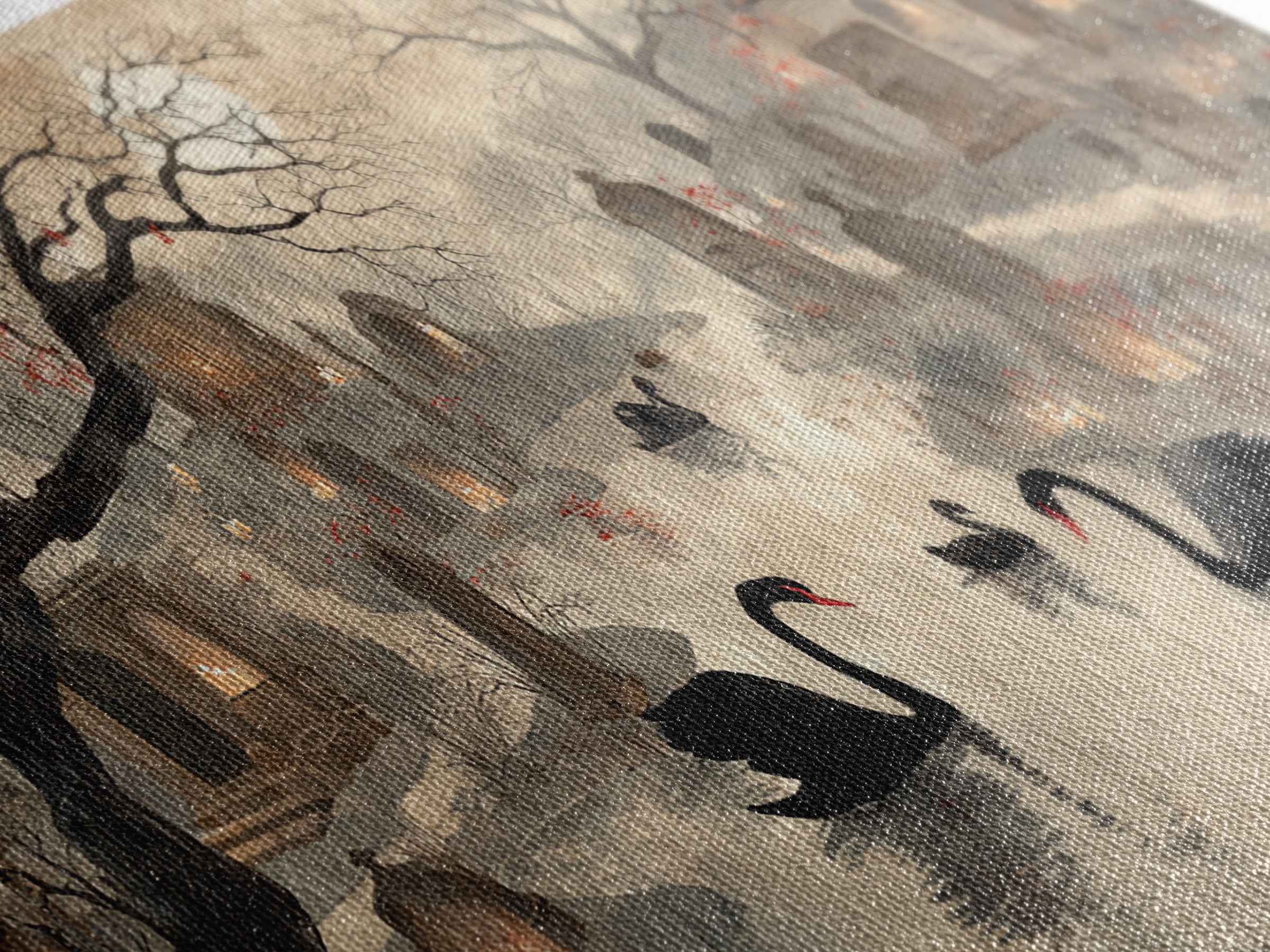 The Cemetery Swan Lake - Environmental Panorama, Dark Fantasy Wall Art, Wide Panoramic Art, Canvas Print, Halloween Home Decor