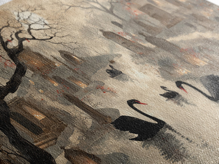 The Cemetery Swan Lake - Environmental Panorama, Dark Fantasy Wall Art, Wide Panoramic Art, Canvas Print, Halloween Home Decor