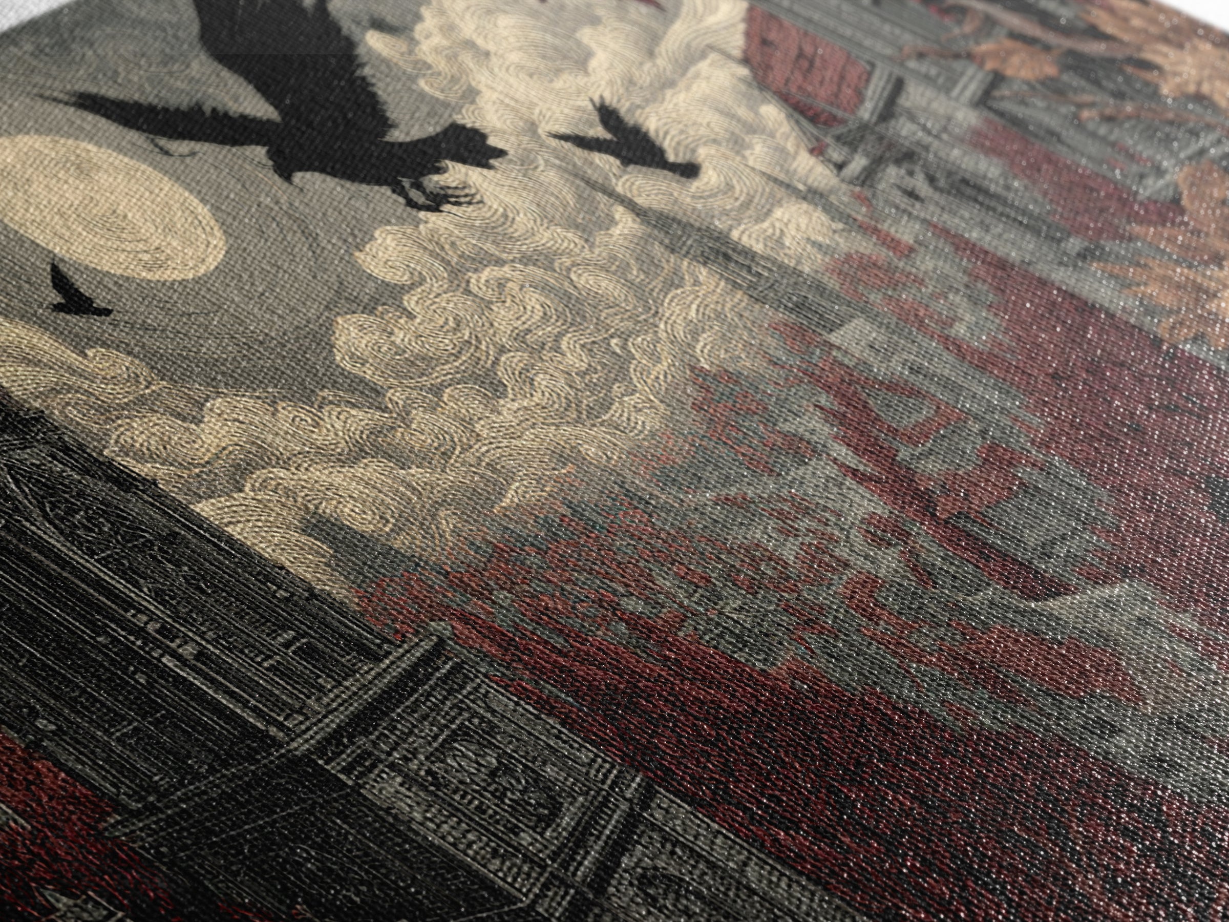 The Gargoyle Rooftop Choir - Environmental Panorama, Dark Fantasy Wall Art, Wide Panoramic Art, Canvas Print, Halloween Home Decor