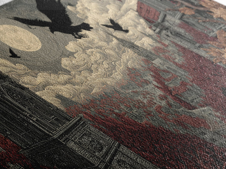 The Gargoyle Rooftop Choir - Environmental Panorama, Dark Fantasy Wall Art, Wide Panoramic Art, Canvas Print, Halloween Home Decor
