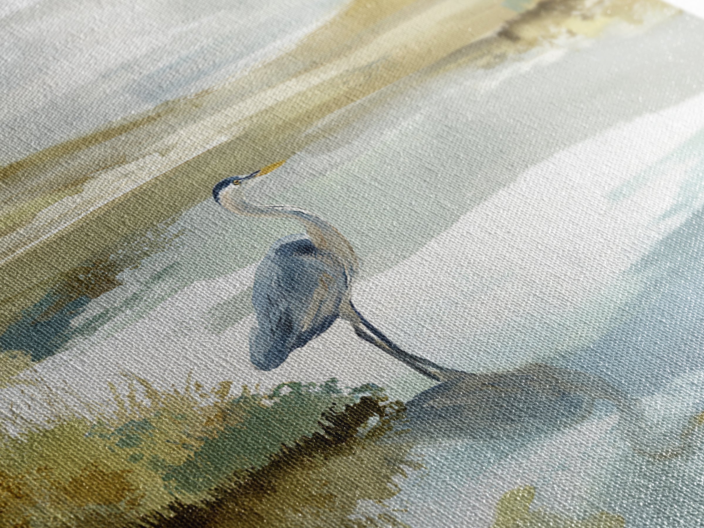 Blue Heron in Quiet Marsh Framed Canvas Print, Waiting Room Art, Wall Decor, Waiting Room Decor, Calm, Minimalist Wall Art, WRA-1x1-12