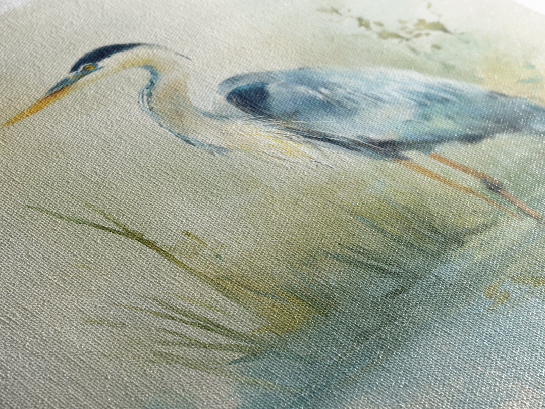 Blue Heron in Quiet Marsh Framed Canvas Print, Waiting Room Art, Therapy Office Decor, Waiting Room Decor, Abstract Art, Calm, WRA-1x1-84