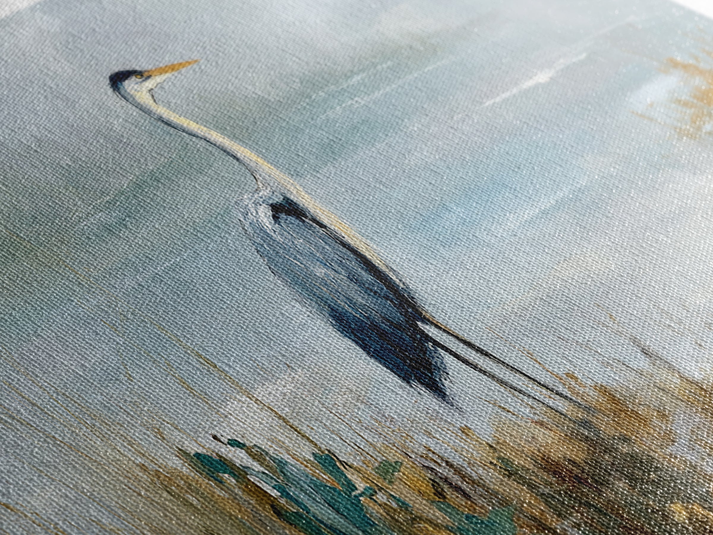 Blue Heron in Quiet Marsh Canvas Print, Waiting Room Art, Waiting Room Decor, Oil Painting, Calm, Living Room Wall Art, WRA-2x1-32