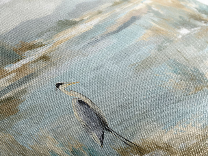 Blue Heron in Quiet Marsh Framed Canvas Print, Waiting Room Art, Office Decor, Waiting Room Decor, Calm, Gallery Wall Art, WRA-2x1-56