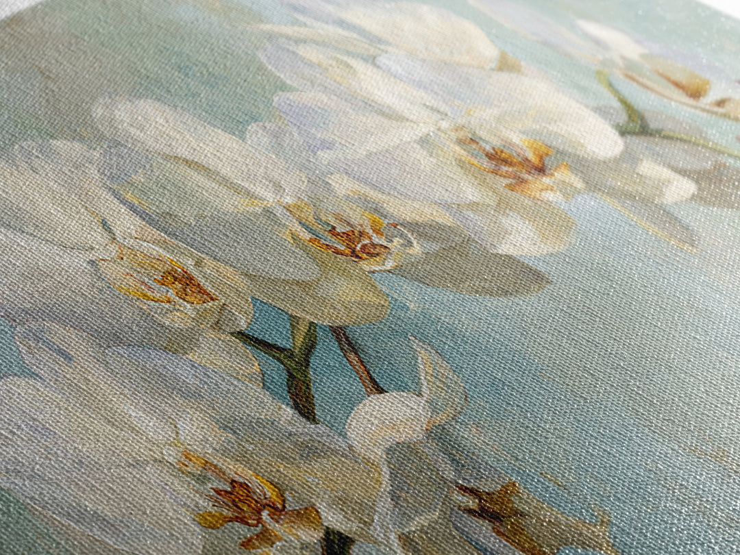 White Orchid on Light Gray Ground Framed Canvas Print, Waiting Room Art, Boho Decor, Waiting Room Decor, Fine Art, Calm, WRA-2x1-75