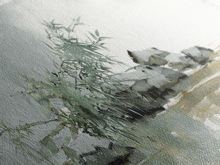 Bamboo and Mist Ink Wash Composition Framed Canvas Print, Yoga Studio Art, Nature Prints, Yoga Studio Decor, Oil Painting, YSA-3x1-74