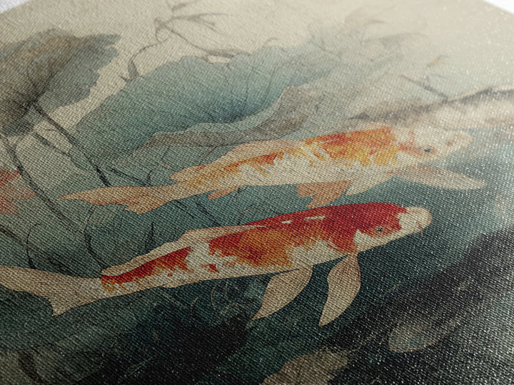 Koi Fish Beneath Floating Lotus Leaves Framed Canvas Print, Zen Art, Metal Wall Art, Living Room Decor, Oil Painting, Zen, ZEN-1x1-28