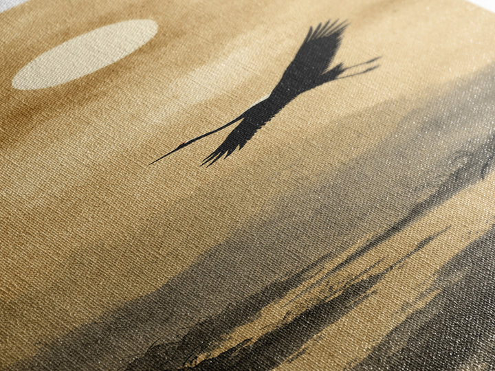Crane Flying Across Pale Sun Canvas Print, Zen Art, Beach Decor, Living Room Decor, Abstract Art, Zen, Modern Decor, ZEN-1x3-60