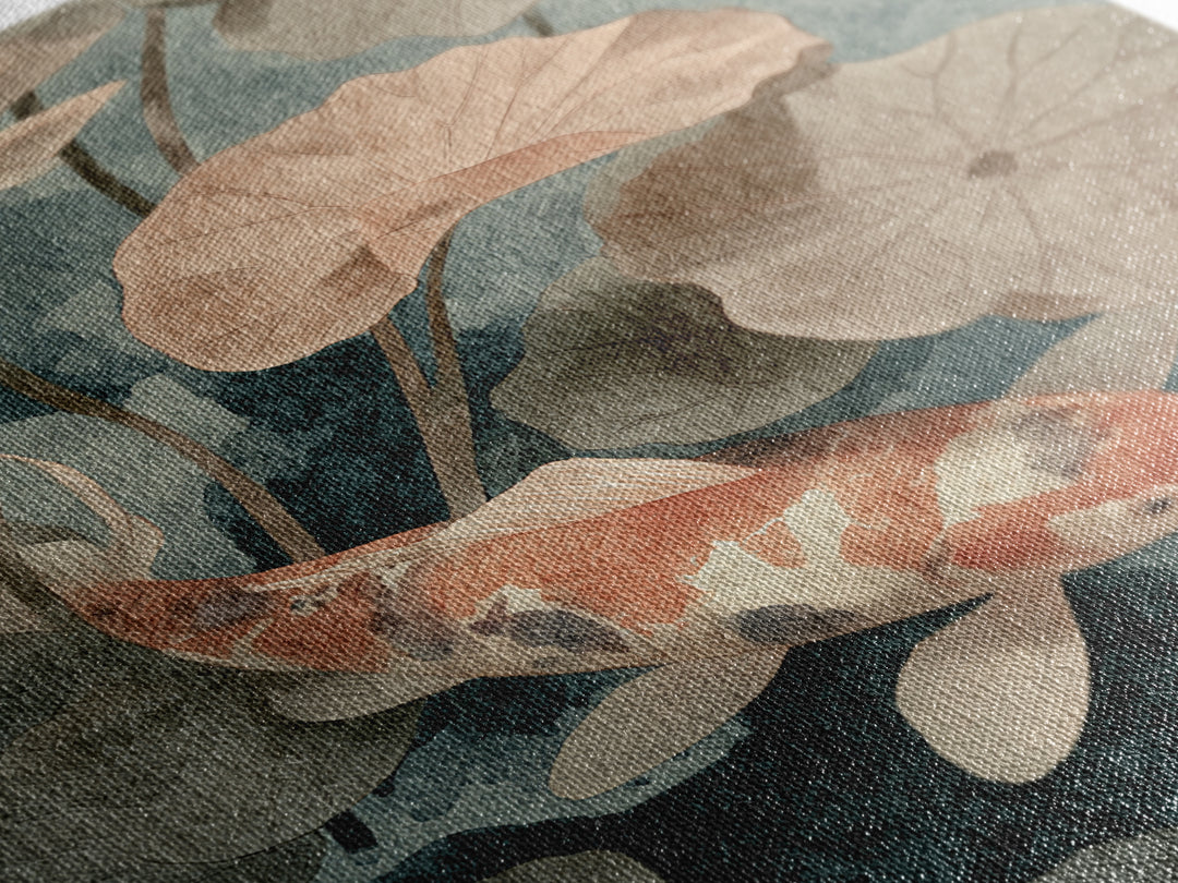 Koi Fish Beneath Floating Lotus Leaves Framed Canvas Print, Zen Art, Japanese Wall Art, Living Room Decor, Oil Painting, Zen, ZEN-2x3-12