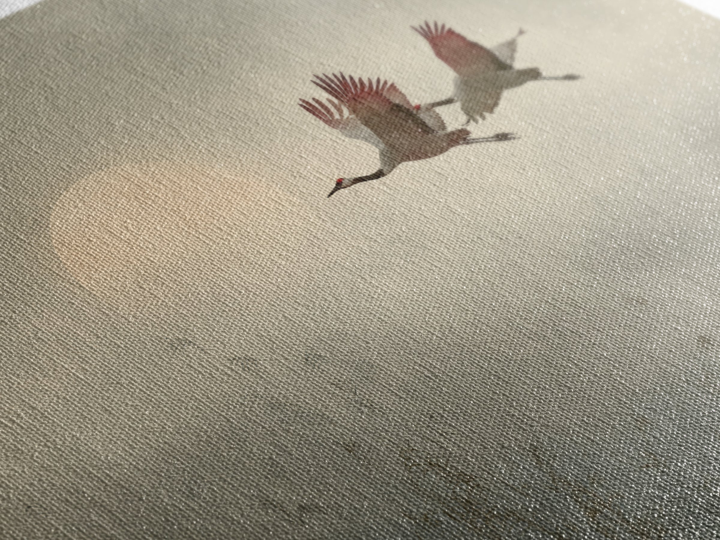 Crane Flying Across Pale Sun Canvas Print, Zen Art, Boho Decor, Living Room Decor, Abstract Art, Zen, Original Painting, ZEN-3x2-52