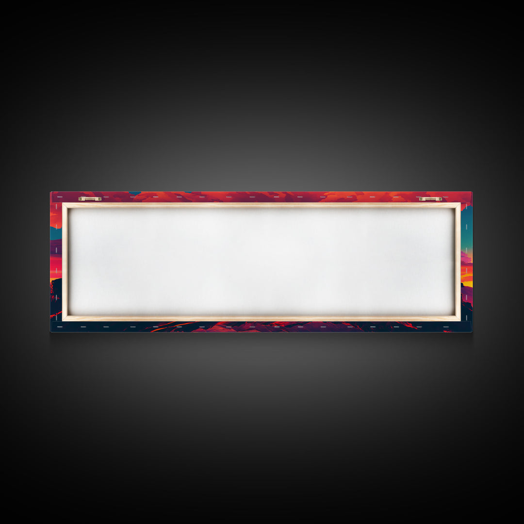 Panoramic Framed Canvas for Living Room, Bedroom - Synthwave Mountain Landscape Painting, Beautiful Landscape Art Print