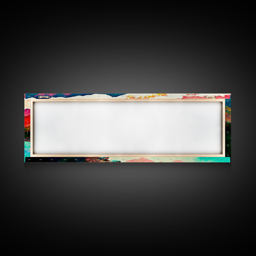 Colorful Abstract Watercolor Landscape, Framed Panoramic Canvas Print, Wide Art, Rainbow landscape painting, surrealist art