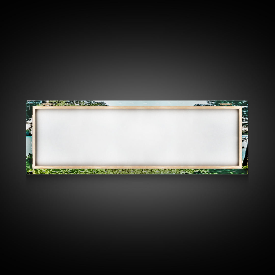Pacific Northwest Lake Scene Watercolor Landscape Canvas Print - Framed Panoramic Artwork for Home Decor - Pine Tree Forest Lake Landscape