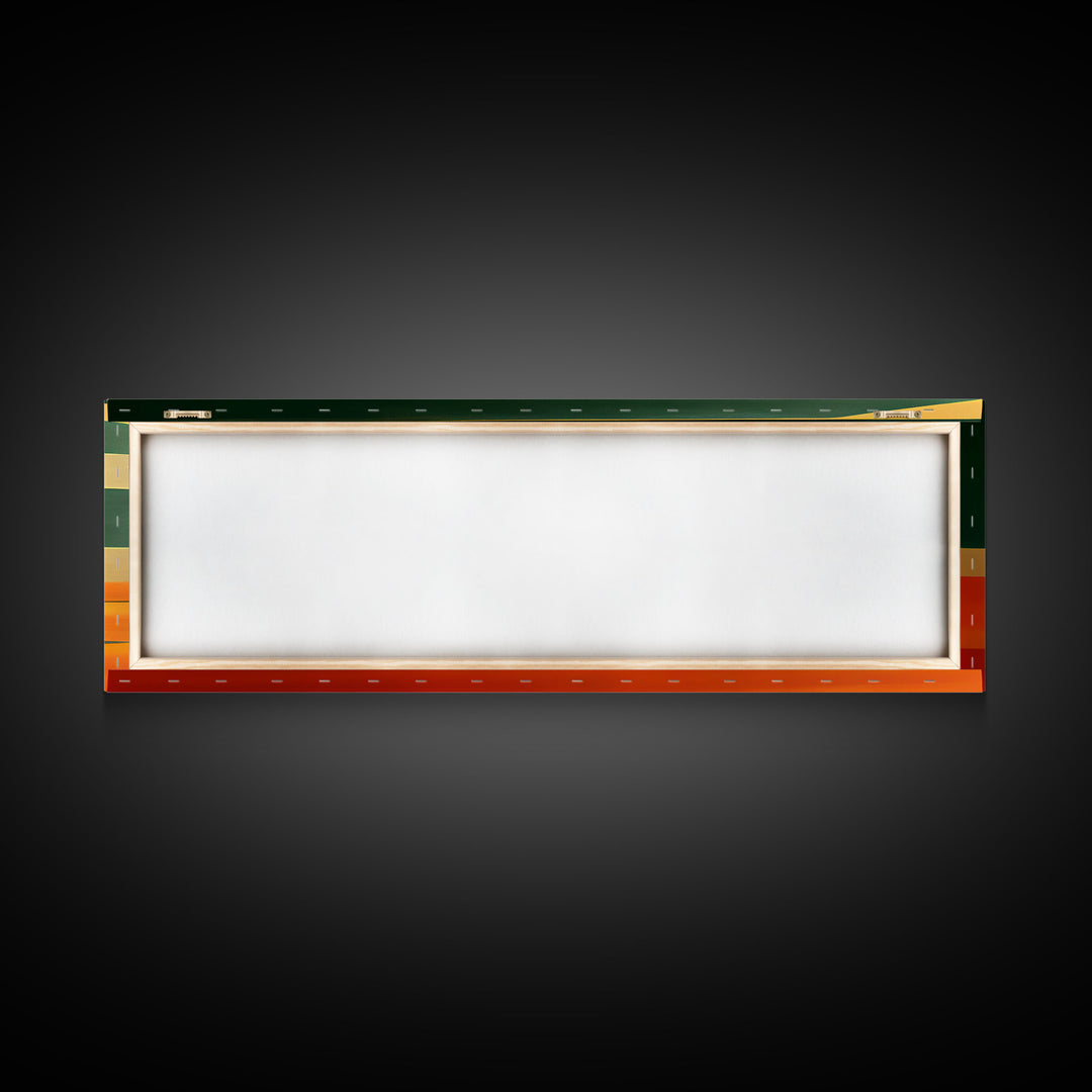 Art Deco Wall Art, Framed Canvas Print, Emerald Green and Gold Palm Tree Leaves and Sunset, Panoramic Ultrawide Art, Large Format Wall Decor