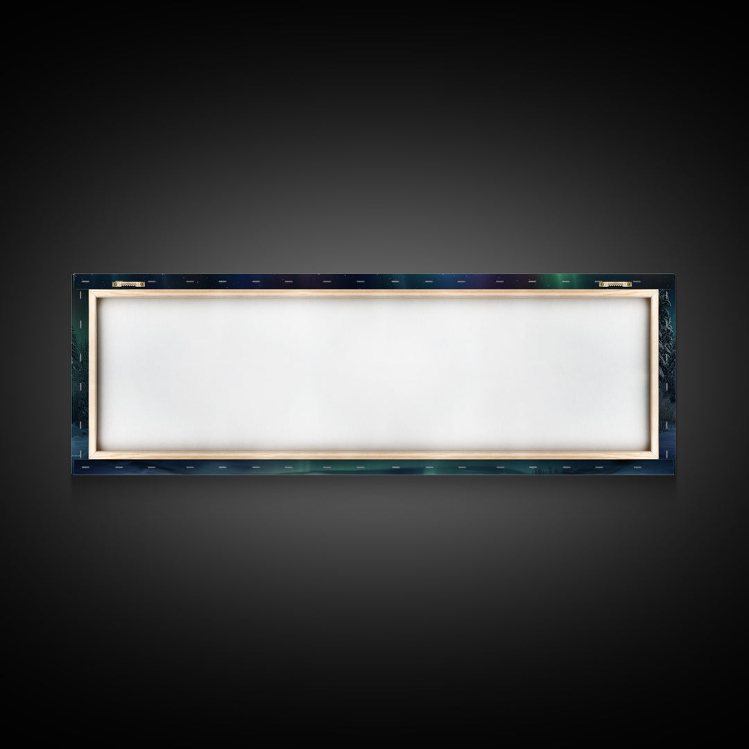 Panoramic Aurora Borealis Wall Art, Framed Canvas Print, Snowy Winter Landscape Painting, Winter Centerpiece Wall Art