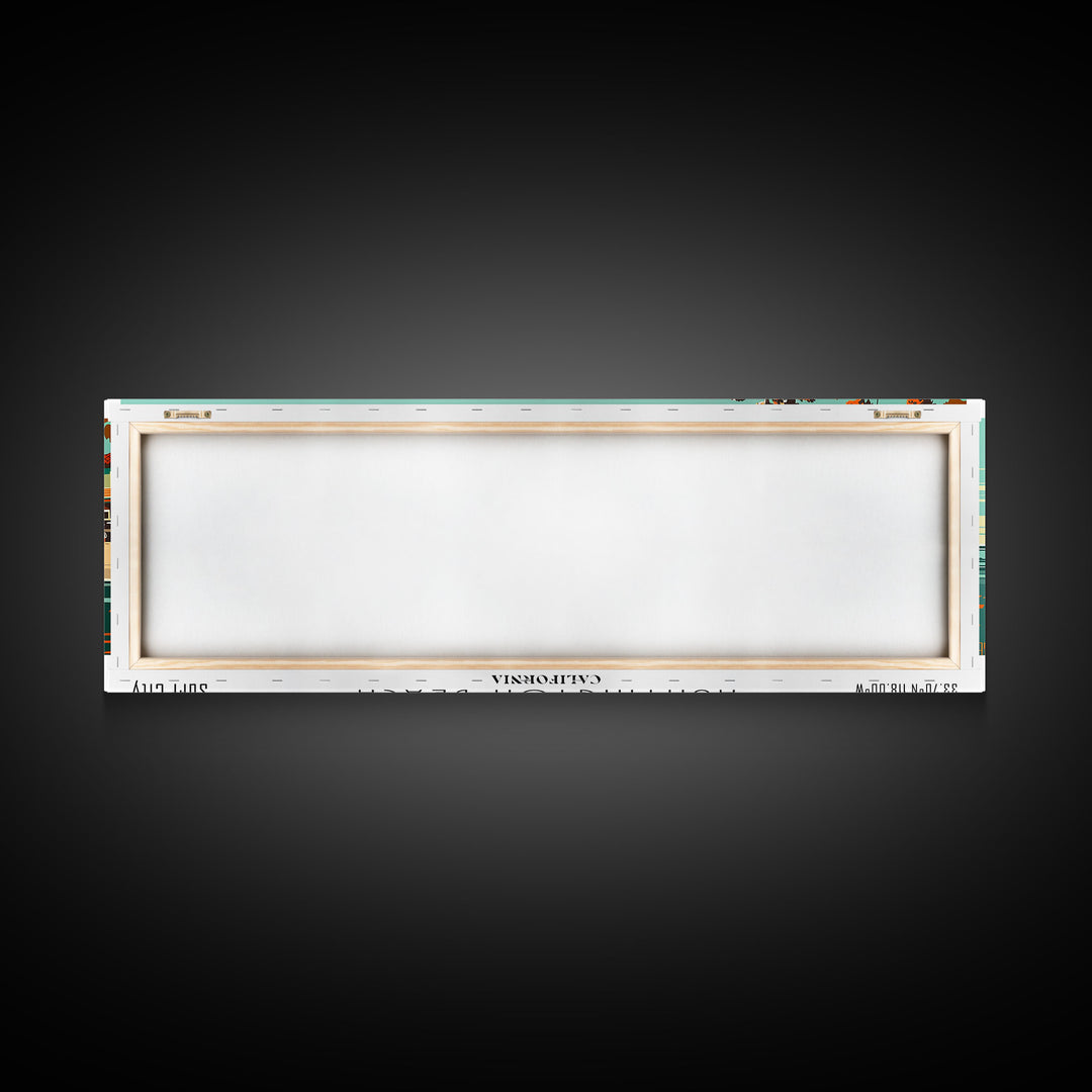 Huntington Beach California Panoramic Painting, Framed Canvas Print, Mid Century Modern Wall Art, Retro Pop Art Travel Poster, Cityscape Decor, Office Wall Art, Home Decor