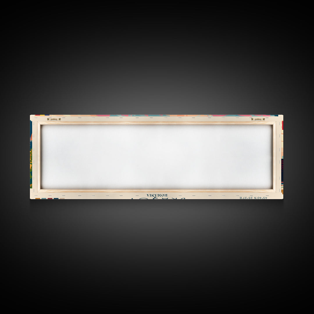Brasov Romania Panoramic Travel Poster, Framed Canvas Print or Metal Wall Art, Travel Art, Home Decor, Panoramic Painting, Midcentury Art