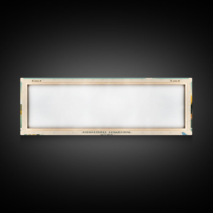 Birch Northwest Territories Framed Canvas Print, Panoramic Wall Art, Midcentury Modern, Pop Art, Travel Poster, Scenic Living Room Decor, Lake House Art