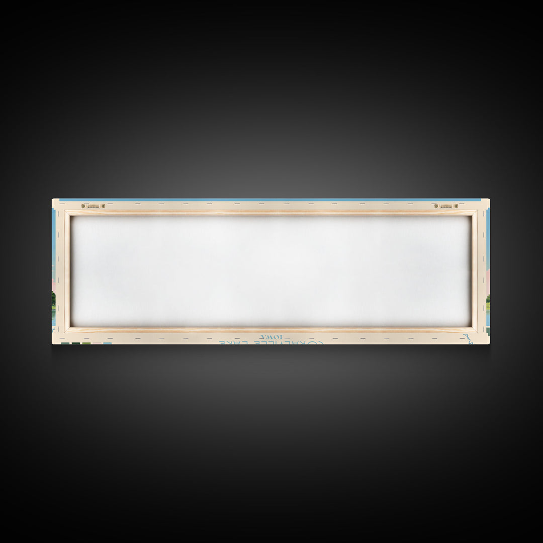 Coralville Lake Iowa Framed Canvas Print, Midcentury Modern Panoramic Wall Art, Living Room Decor, Pop Art, Travel Poster Art, Scenic Nature Painting, Lake House Decor