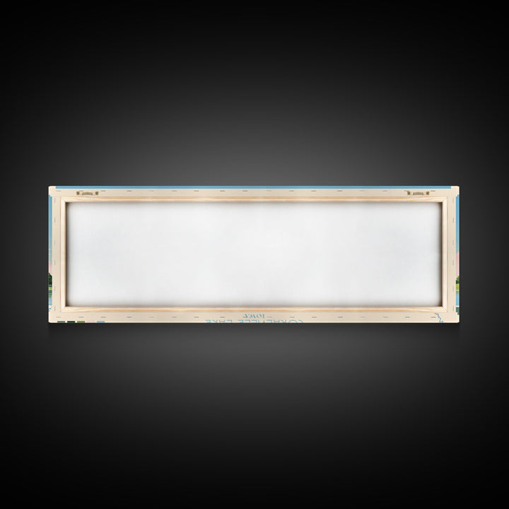 Coralville Lake Iowa Framed Canvas Print, Midcentury Modern Panoramic Wall Art, Living Room Decor, Pop Art, Travel Poster Art, Scenic Nature Painting, Lake House Decor