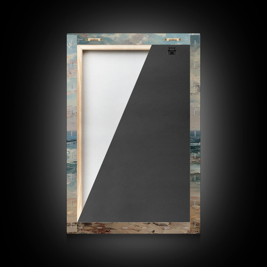 Mother And Child At Pale Seaside Sunrise Framed Canvas Print, Ocean Wall Art, Coastal Nursery Decor, Housewarming Gift, Home Decor