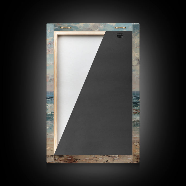 Mother And Child At Pale Seaside Sunrise Framed Canvas Print, Ocean Wall Art, Coastal Nursery Decor, Housewarming Gift, Home Decor