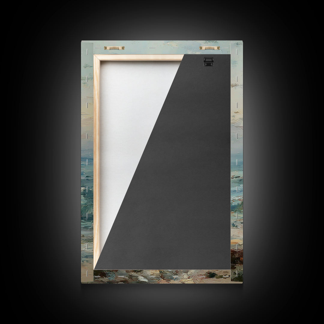 Mother And Child Watching Textured Sea Sunrise Framed Canvas Print, Coastal Wall Art, Beach House Decor, Living Room Art