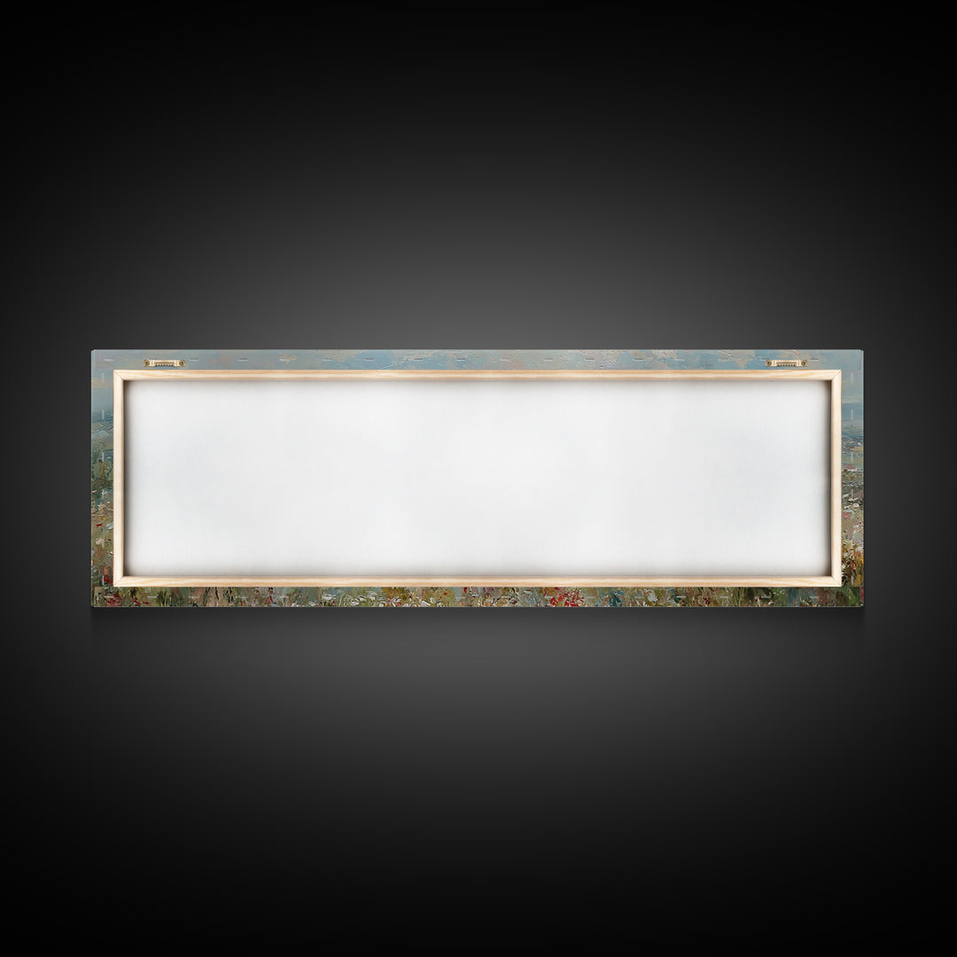 Mother Holding Baby In Sunlit Meadow Canvas Print, Panoramic Landscape Wall Art, Floral Nursery Decor, Housewarming Gift