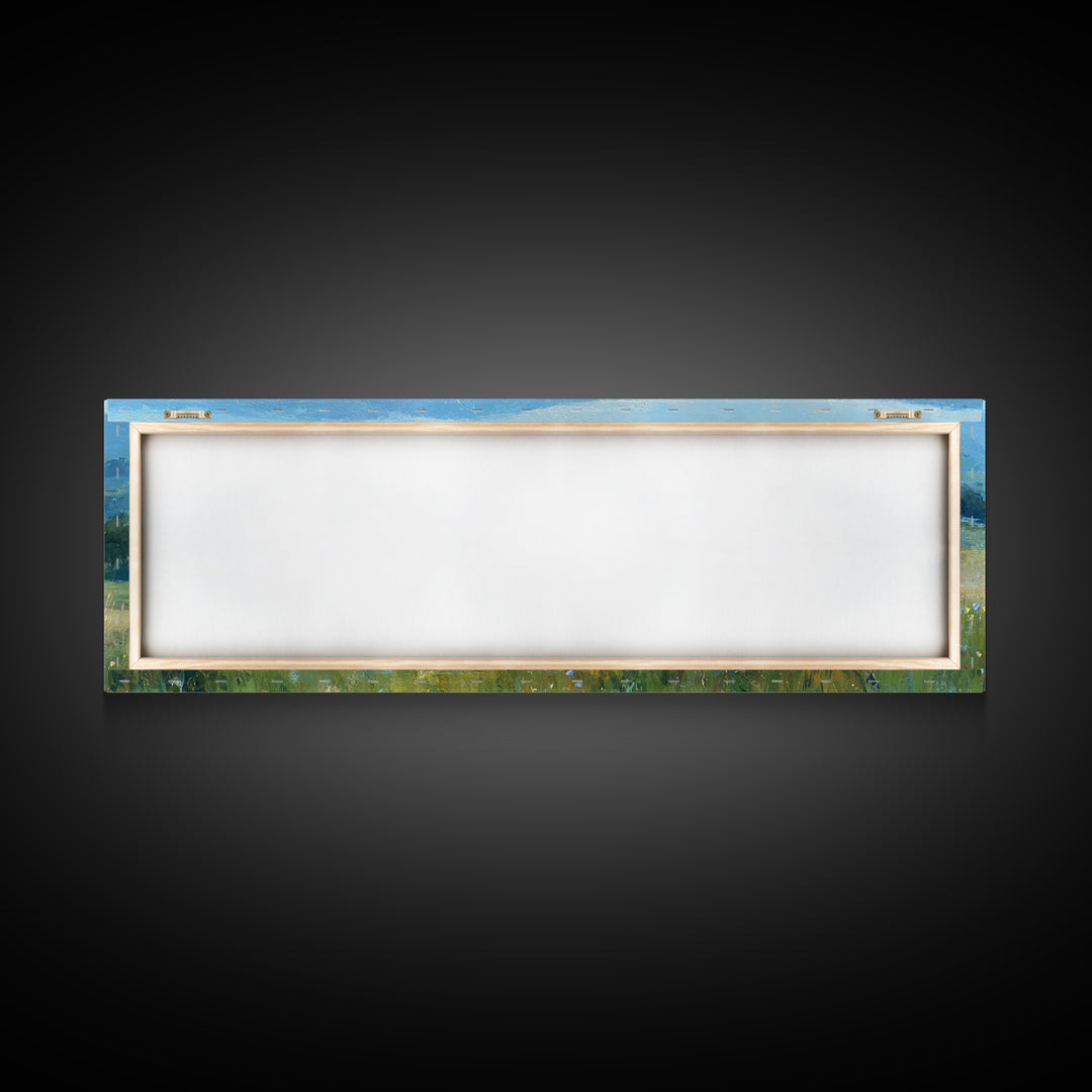 Mother Holding Child In Golden Meadow Wall Art, Panoramic Blue Mountain Canvas Print, Nature Nursery Decor, Housewarming Gift