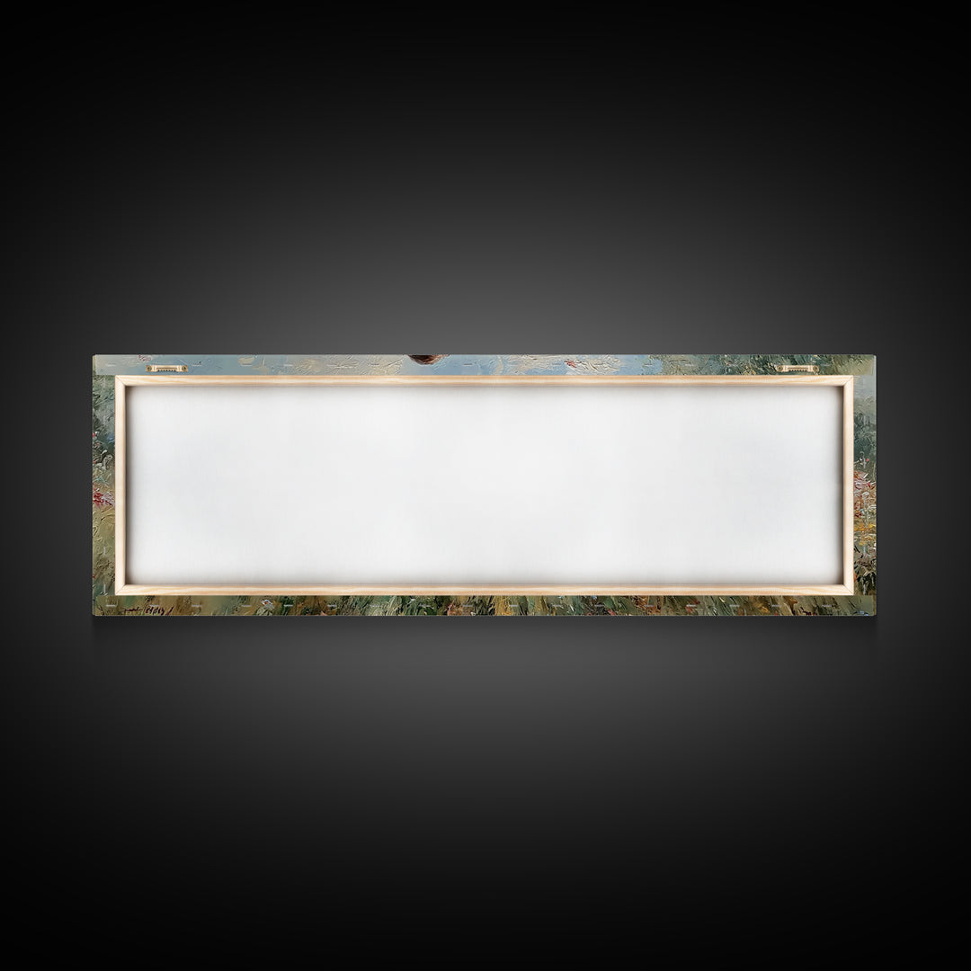 Mother Kissing Child In Butterfly Meadow Wall Art, Panoramic Framed Canvas Print, Floral Nursery Decor, New Mom Gift For Her