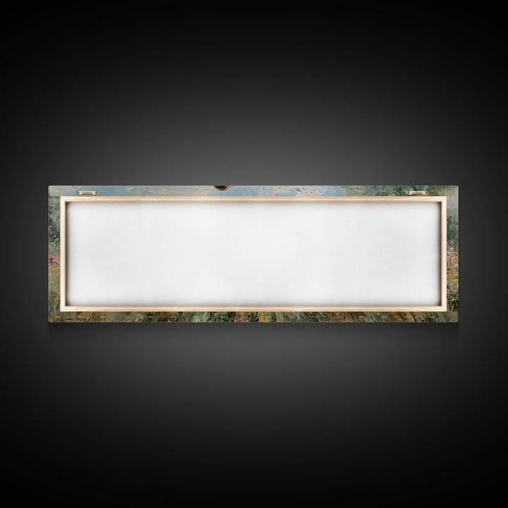 Mother Kissing Child In Butterfly Meadow Wall Art, Panoramic Framed Canvas Print, Floral Nursery Decor, New Mom Gift For Her