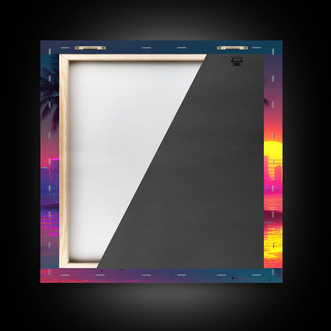 Retro Neon Beach Sunset City Skyline Wall Art Vaporwave Aesthetic Canvas Print Modern Coastal Wall Art Decor