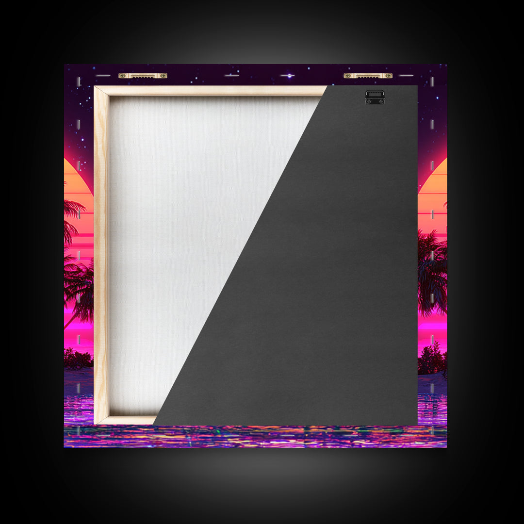 Retro Vaporwave Palm Island Wall Art, Neon Ocean Sunset Canvas Print, Aesthetic 80s Coastal Decor, Gaming Room Modern Wall Art