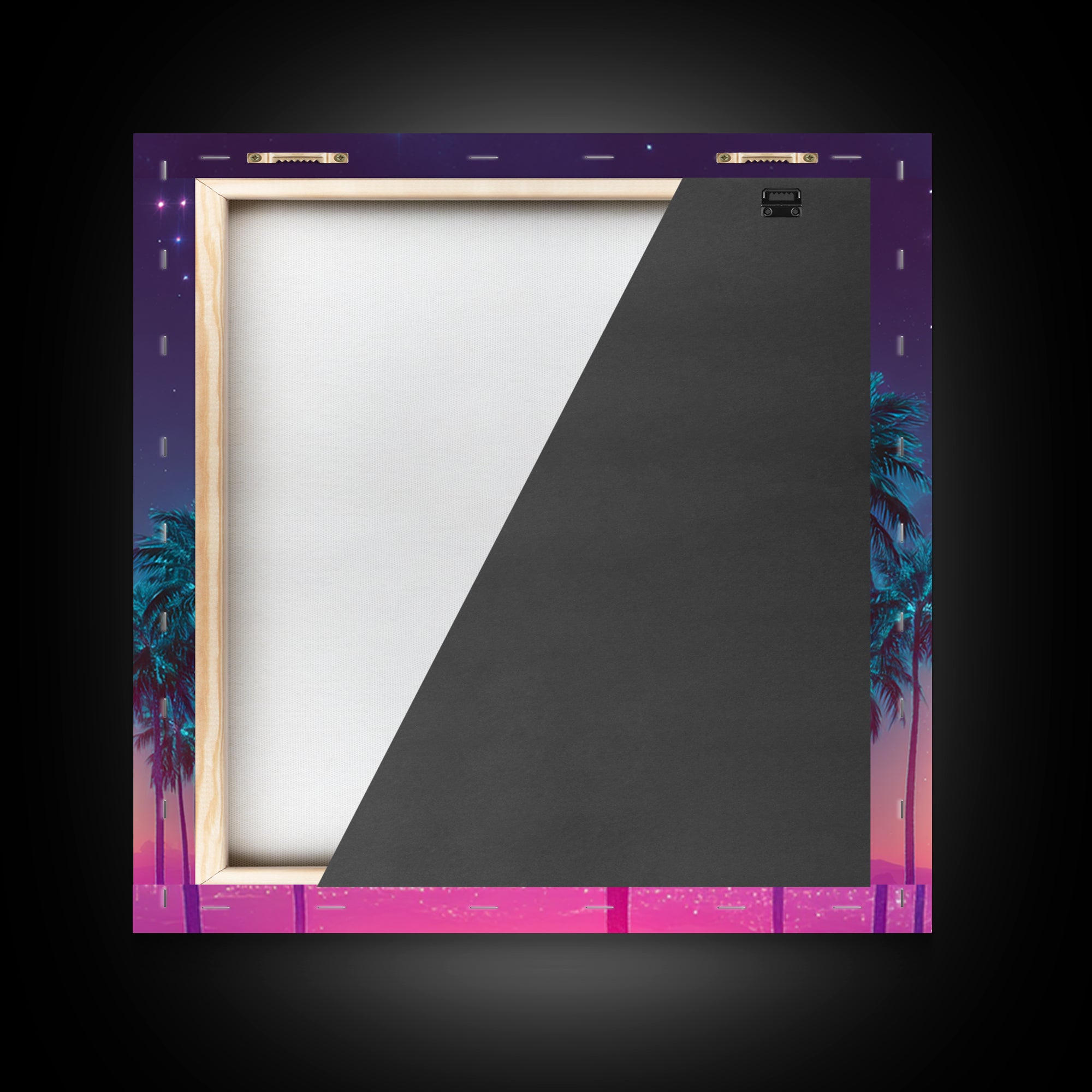Vibrant Neon Cityscape With Palm Trees And Pink Moon Night Sky Futuristic Wall Art Framed Canvas Print For Living Room